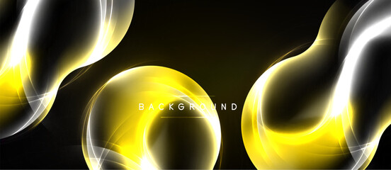 Naklejka premium Abstract design features flowing yellow, white lines against black backdrop. Dynamic curves create modern visual impact.