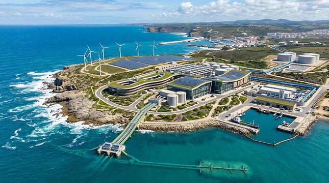 Coastal complex for sustainable energy and water. Wind turbines, solar panels, and water treatment showcase eco-friendly technology and resource management