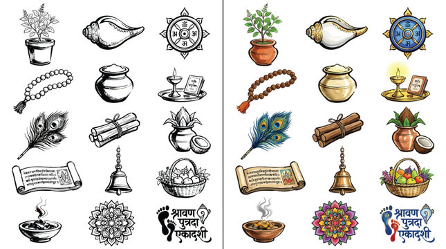 Collection of Hindu religious symbols and items for worship and rituals, presented in both sketch and color.