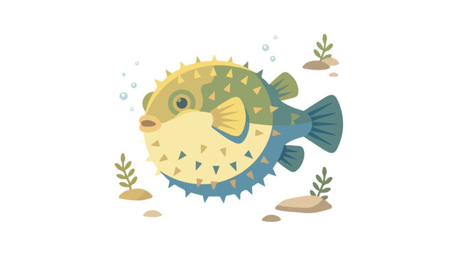 Cute pixelated puffer fish vector swimming underwater with bubbles