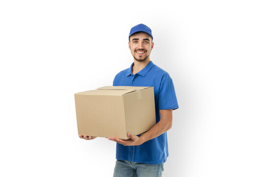 Delivery man holds a cardboard box in a plain setting, isolated, PNG