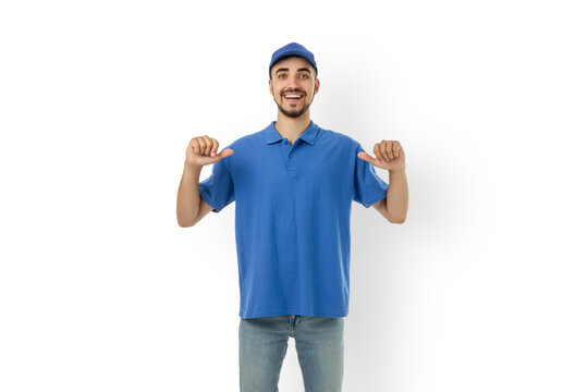 Delivery man in blue polo, full of enthusiasm, isolated, PNG