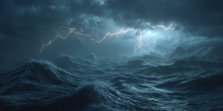Dramatic ocean storm with lightning flashes across the dark sky creating visual impact