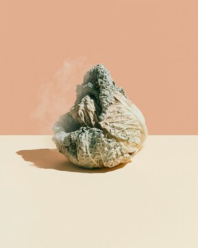 Sculptural charred cabbage centerpiece with rising steam on a pale surface for organic culinary design and healthy food advertising