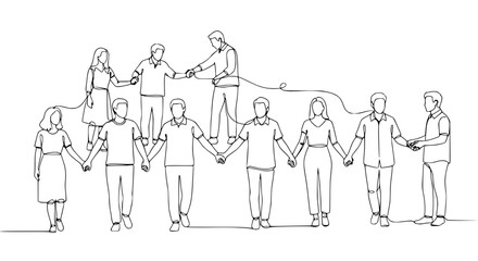 Obraz premium Diverse group holding hands, connected, team, unity, support, community, abstract line art