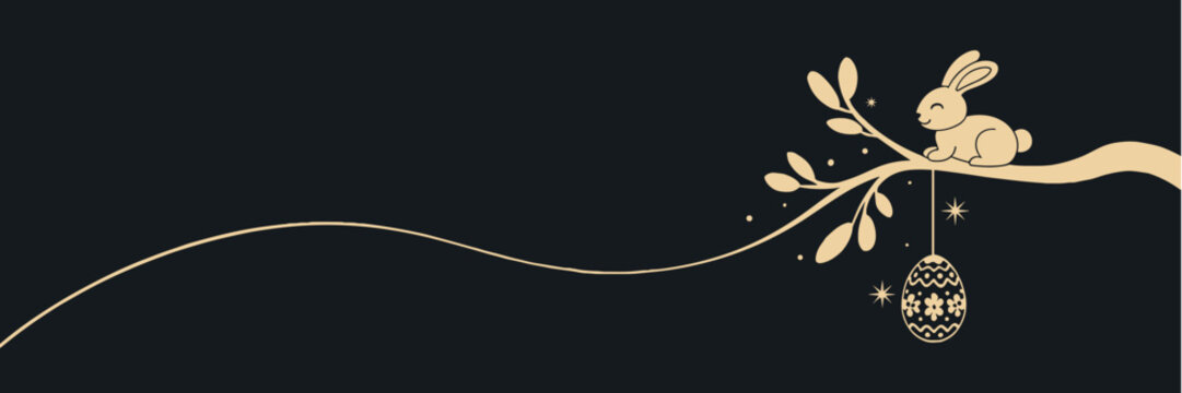 Minimalist Easter banner with gold line art bunny and hanging egg on dark charcoal background