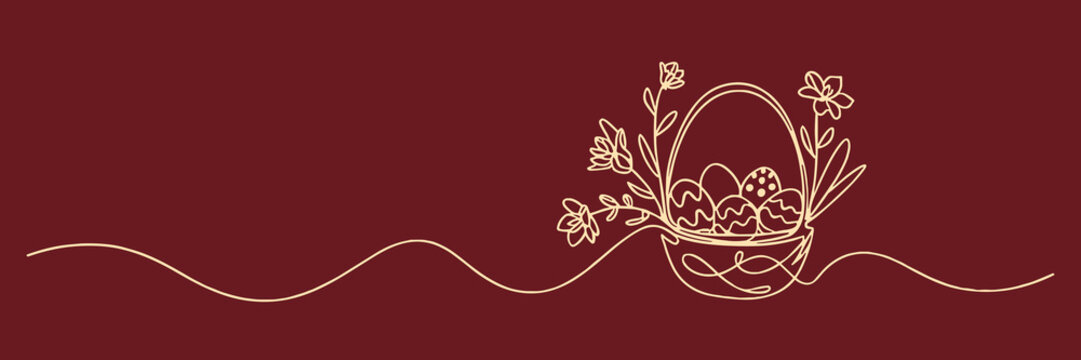 Minimalist Easter banner with gold single line art eggs in basket on luxury burgundy background