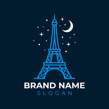 Eiffel Tower logo under starry night sky with moon.