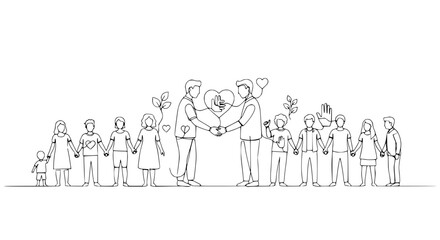 Fototapeta premium Diverse people holding hands, symbolizing unity, community, and love. Two men share a heart.