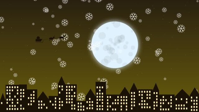 Santa claus sleigh flying over city skyline with full moon and falling snowflakes