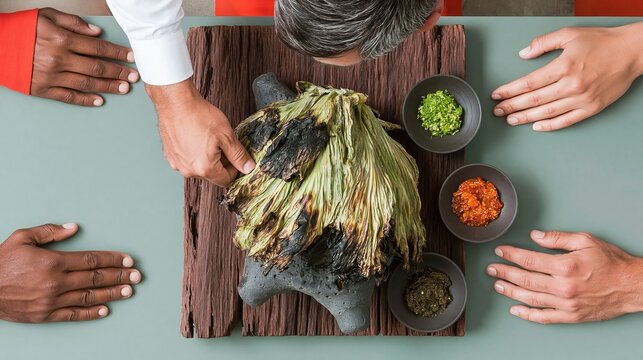 Fire-charred roasted cabbage centerpiece on a dark oak table for seasonal dining and culinary concepts, featuring hands sharing a rustic communal meal