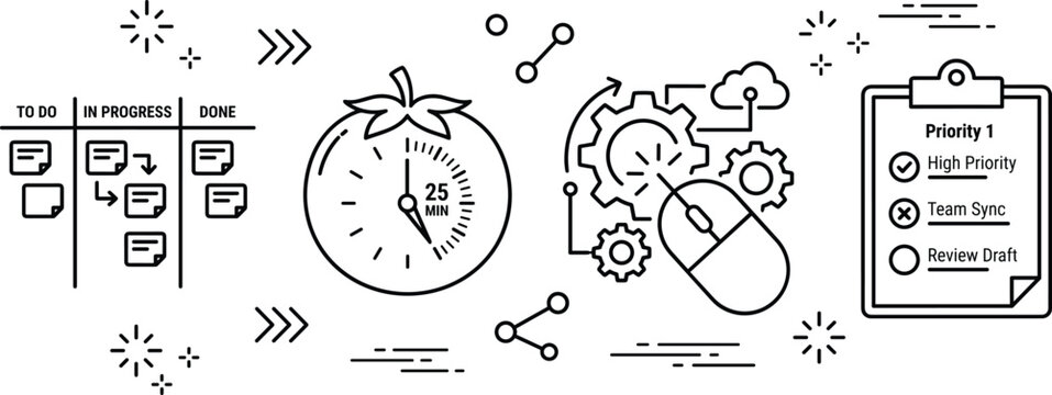 Agile project management and pomodoro time productivity method concept with kanban board task checklist line art banner illustration