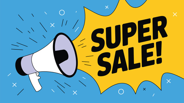 Loud super sale announcement with a megaphone and bold yellow speech bubble