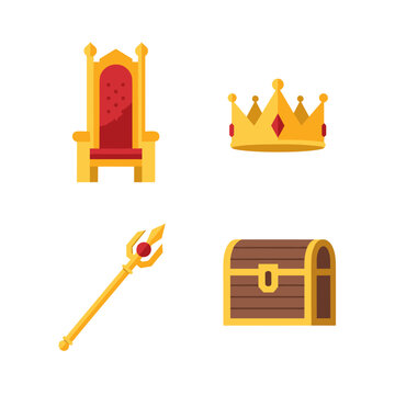 Royal set featuring golden throne crown scepter and treasure chest