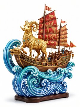 Museum-quality feng shui sculpture with detailed metallic gold ram, elegant Chinese junk boat, glossy crimson enamel finish, sculpted golden wave base, isolated on pure white background