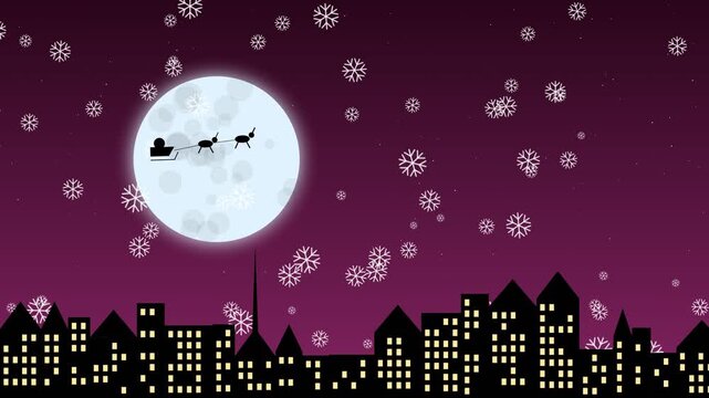 Santa claus sleigh flying over city skyline with full moon and falling snow