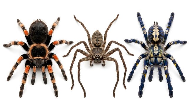 Three different species of tarantulas isolated on white background