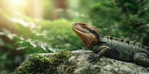 Obraz premium Close up of a lizard perched on a rock with green moss and vibrant foliage