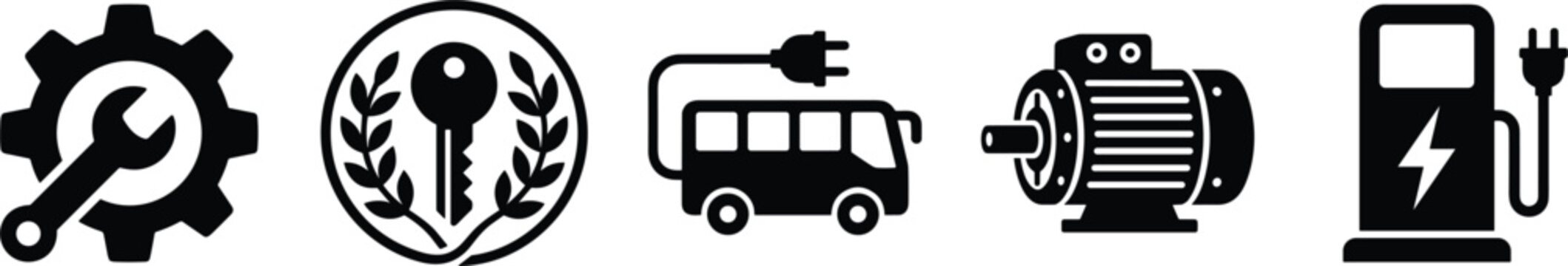 Electric transportation and green transit solid black icon set featuring maintenance gear wrench, key reward laurel, electric bus, industrial motor generator, and charging station terminal..eps
