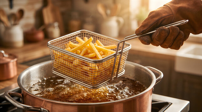 Gloved hand lifting golden crispy french fries from deep fryer with hot oil. Chef frying fresh potato sticks in commercial kitchen for fast food pr...
