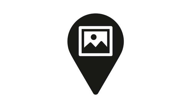 A black map pin icon containing a simplified image of a landscape
