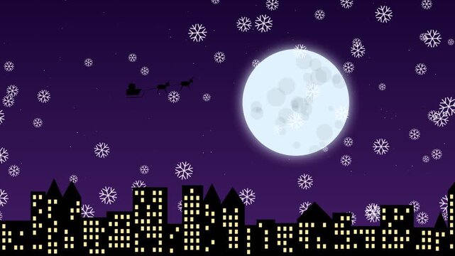 Santa claus sleigh flying over city skyline with full moon and falling snow