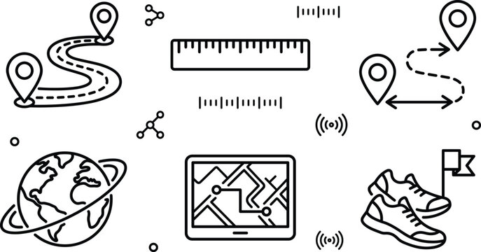 GPS map navigation distance measurement icon set with globe running shoes route tracking line art illustration fitness travel