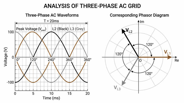 Vector chart showing three-phase AC electrical grid voltage waveforms and corresponding phasor diagram with phase shifts