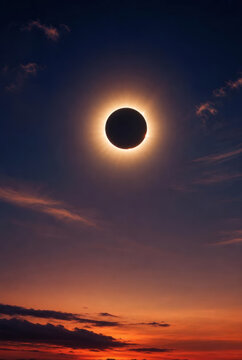 total solar eclipse high contrast professional photo with vibrant corona glowing halo dark moon deep blue sky wispy clouds orange pink hues central frame celestial event dramatic beauty rare astronomi