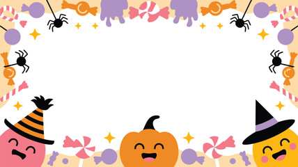 Fototapeta premium Happy Halloween border with cheerful characters, candies, spiders, stars framing white copy space