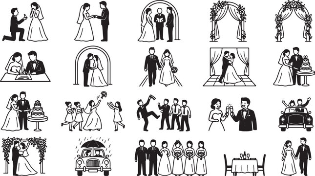 Wedding ceremony and celebration icons featuring bride and groom
