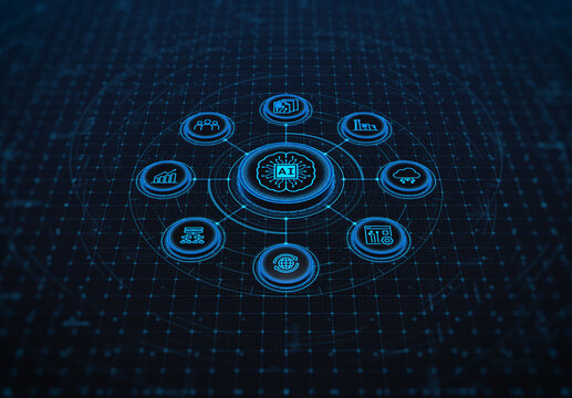 Futuristic AI Technology Dashboard with Digital Network, Data Analytics and Business Intelligence Interface