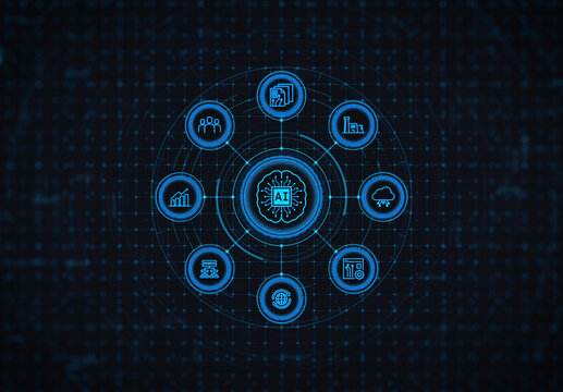 Futuristic Artificial Intelligence Dashboard with Business Analytics and Digital Technology Icons. AI Technology Dashboard Interface concept.