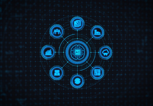 Futuristic Artificial Intelligence Dashboard with Business Analytics and Digital Technology Icons. AI Technology Dashboard Interface concept.