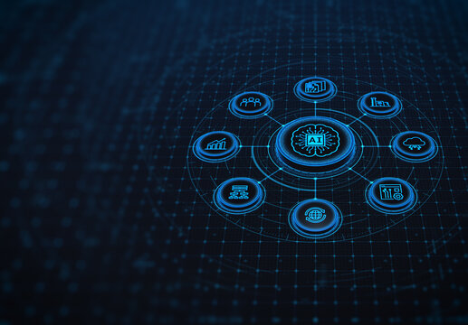 Futuristic HUD interface Artificial intelligence and AI brain concept integrated with business management icon network. Abstract digital background