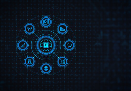 Futuristic HUD interface Artificial intelligence and AI brain concept integrated with business management icon network. Abstract digital background