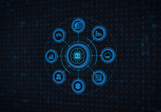 Futuristic HUD interface Artificial intelligence and AI brain concept integrated with business management icon network. Abstract digital background