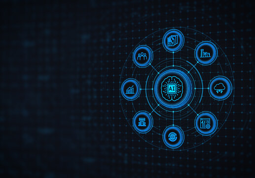 Futuristic Artificial Intelligence Dashboard with Business Analytics and Digital Technology Icons. AI Technology Dashboard Interface concept.