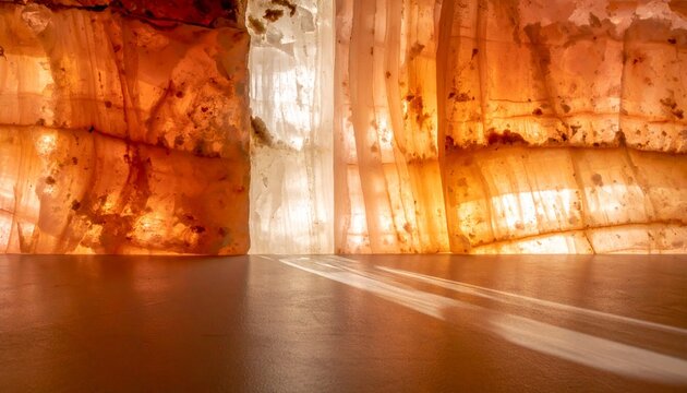 Luxury backlit onyx marble wall background, glowing golden quartzite stone texture with reflection on dark floor, abstract himalayan salt cave interior architecture mockup.
