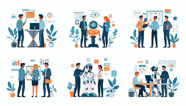 Business team discussing artificial intelligence solutions with digital tools, representing collaboration, automation, innovation, and future workplace transformation