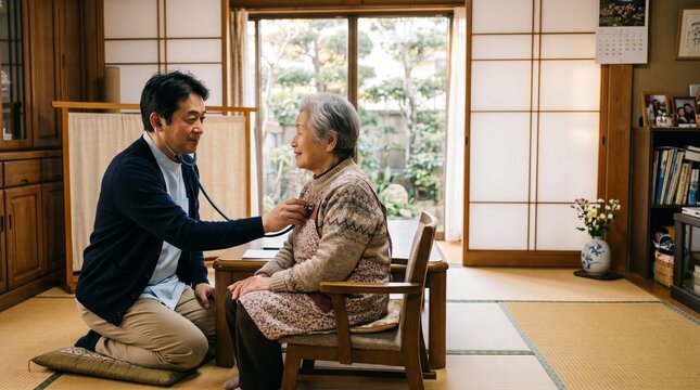 和室で高齢女性の診察（聴診）をする往診の男性医師