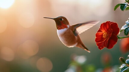 Fototapeta premium Close up of a Male Rufous Hummingbird hovering next to a vibrant red flower in soft golden hour light