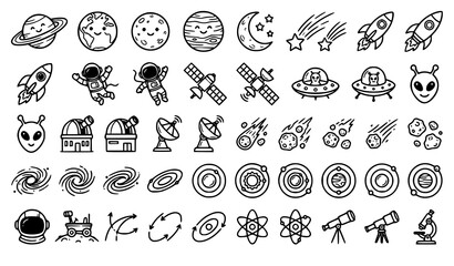 Fototapeta premium Outer Space Hand Drawn Cartoon Doodle Vector Icon Set