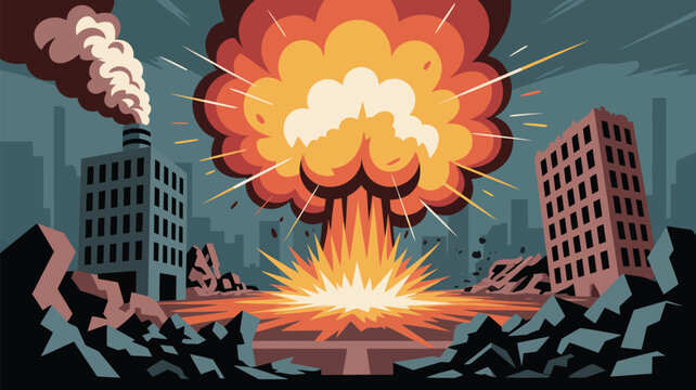 Massive explosion erupts in a city causing extensive destruction and collapsed buildings