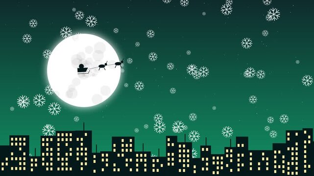 Santa claus sleigh flying over city skyline with falling snowflakes and full moon