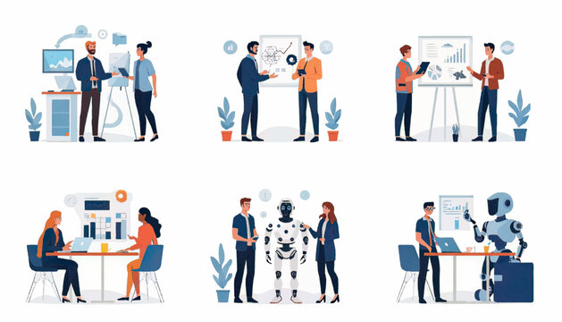 People collaborating with intelligent robot technology, representing automation, artificial intelligence, future workplace, digital transformation, and innovation