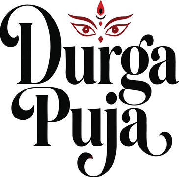 Durga puja festival typography design with symbolic eyes and bindi