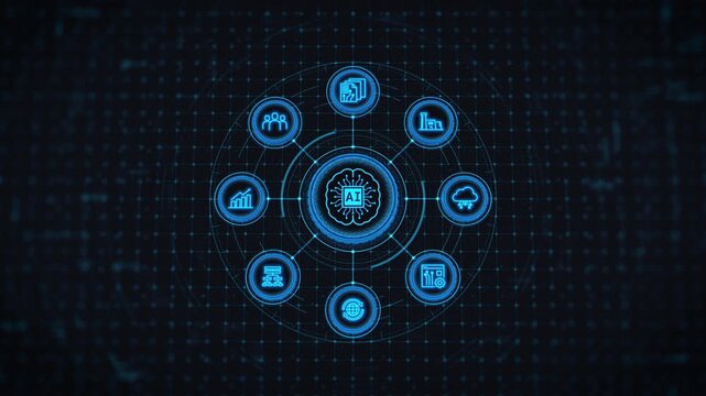 Futuristic HUD interface Artificial intelligence and AI brain concept integrated with business management icon network. Abstract digital background