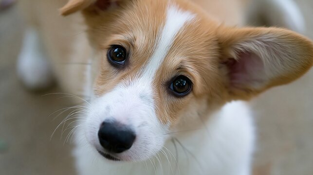Adorable Corgi Puppy With Big Expressive Eyes Looking Upwards