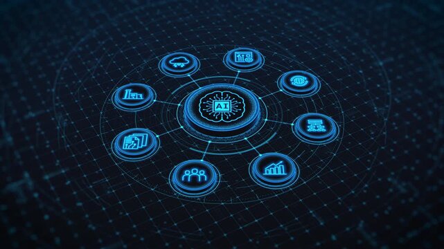 Futuristic HUD interface Artificial intelligence and AI brain concept integrated with business management icon network. Abstract digital loop background